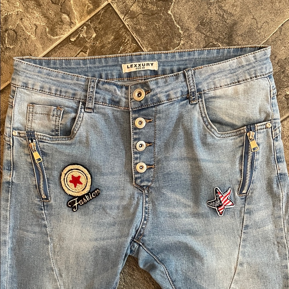 LEXXURY Patch Button-fly Skinny Urban Maximalism Grunge Streetwear Fun Jeans - Picture 4 of 16
